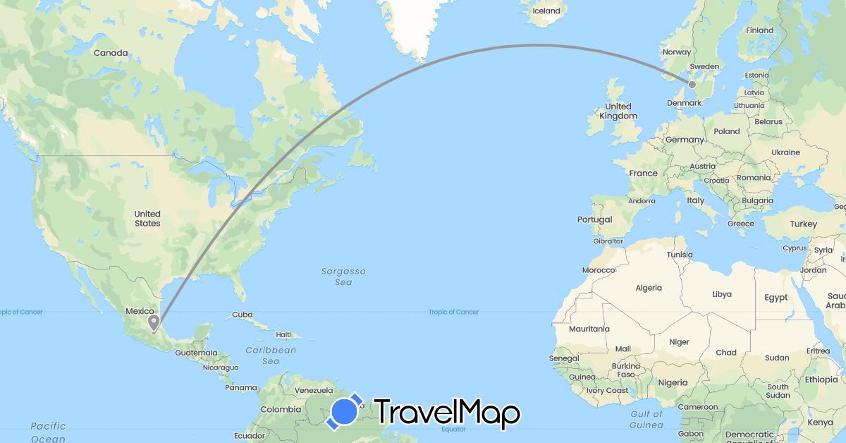 TravelMap itinerary: driving, plane in Mexico, Sweden (Europe, North America)